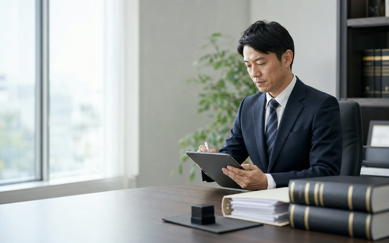 タブレットで書類を確認する士業事務所の専門家