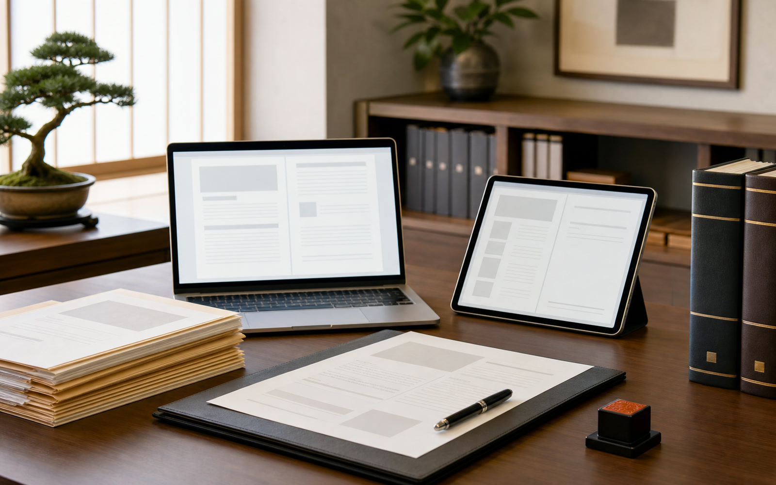ノートPCとタブレットに士業書類が整理された事務所のデスク